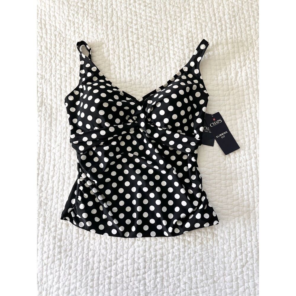 Chaps Polka Dot Tankini Top 20W Black White Slimming Fit Shirred Swim Top NWT